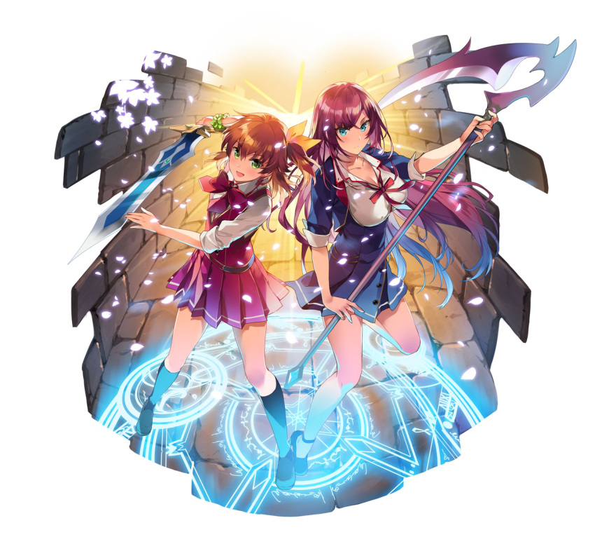 2girls akemiya_aina blue_eyes breasts brown_hair cleavage green_eyes holding holding_sword holding_weapon long_hair looking_at_viewer magic_circle multiple_girls official_art omega_labyrinth one_side_up open_mouth petals pleated_skirt purple_hair scythe side-by-side skirt sleeves_past_elbows sword two-handed weapon