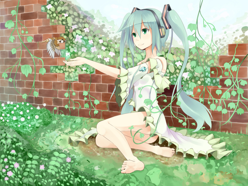 1girl absurdres aqua_hair barefoot bird brick_wall detached_sleeves dress feet green_eyes hatsune_miku headphones highres kagamine09 long_hair outstretched_arm sitting smile solo twintails very_long_hair vocaloid