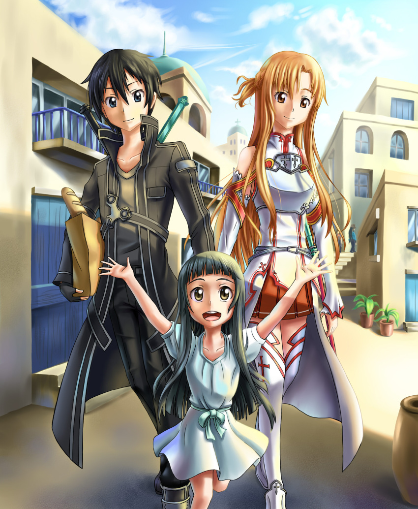 1boy 2girls asuna_(sao) bag black_eyes black_hair breastplate brown_eyes brown_hair detached_sleeves dress female ho-oh_(artist) kirito long_hair male multiple_girls paper_bag short_hair sword_art_online thigh-highs yui_(sao) yuuki_asuna