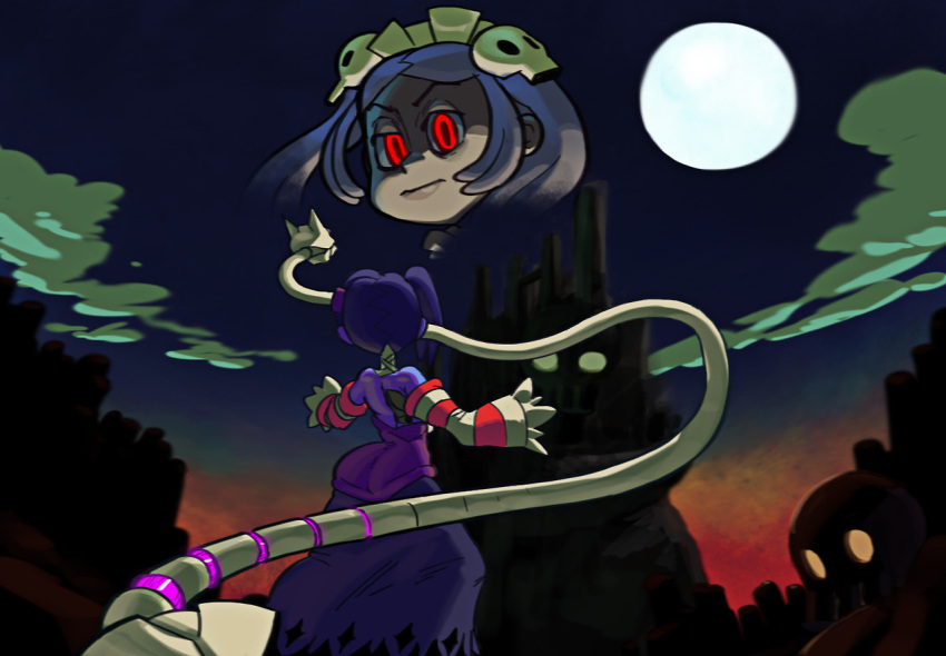 1girl artist_request bare_shoulders bloody_marie_(skullgirls) blue_hair blue_skin castlevania corset detached_sleeves from_behind full_moon leviathan_(skullgirls) long_hair long_skirt maid_headdress moon parody red_eyes side_ponytail skirt skull skullgirls solo squigly_(skullgirls) striped_sleeves zombie