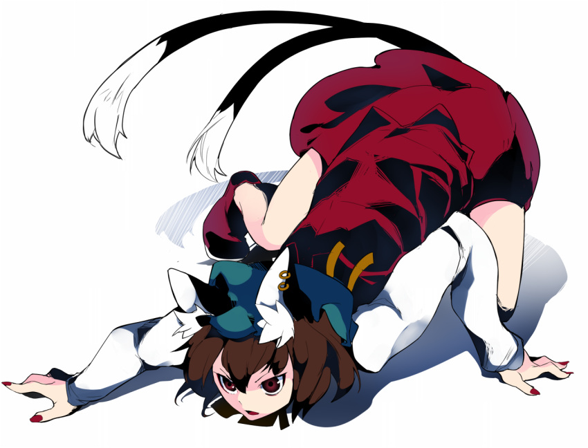 1girl all_fours animal_ears brown_hair cat_ears cat_tail chen earrings hat hoop_earrings ikurauni jewelry long_sleeves mob_cap multiple_earrings multiple_tails nail_polish open_mouth red_eyes red_nails red_skirt shadow short_hair simple_background skirt skirt_set solo tail top-down_bottom-up touhou two_tails white_background