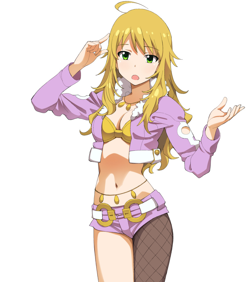 1girl a1 absurdres ahoge asymmetrical_clothes belly_chain blonde_hair bra breasts cleavage cool_&amp;_sexy_(idolmaster) cropped_jacket fishnet_pantyhose fishnets green_eyes highres hoshii_miki idolmaster jacket lingerie long_hair midriff navel open_mouth pantyhose short_shorts shorts simple_background solo underwear white_background yellow_bra