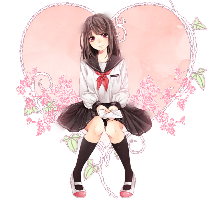 1girl blush brown_hair flower heart highres letter looking_at_viewer original school_uniform serafuku smile solo wakatsuki_you