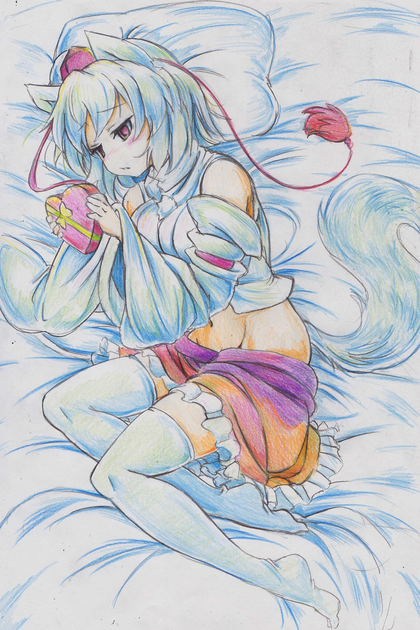 1girl absurdres animal_ears blush box colored_pencil_(medium) detached_sleeves hat heart highres inubashiri_momiji kitazinger lying navel on_side pillow red_eyes short_hair solo tail thigh-highs tokin_hat touhou traditional_media white_hair white_legwear wolf_ears wolf_tail