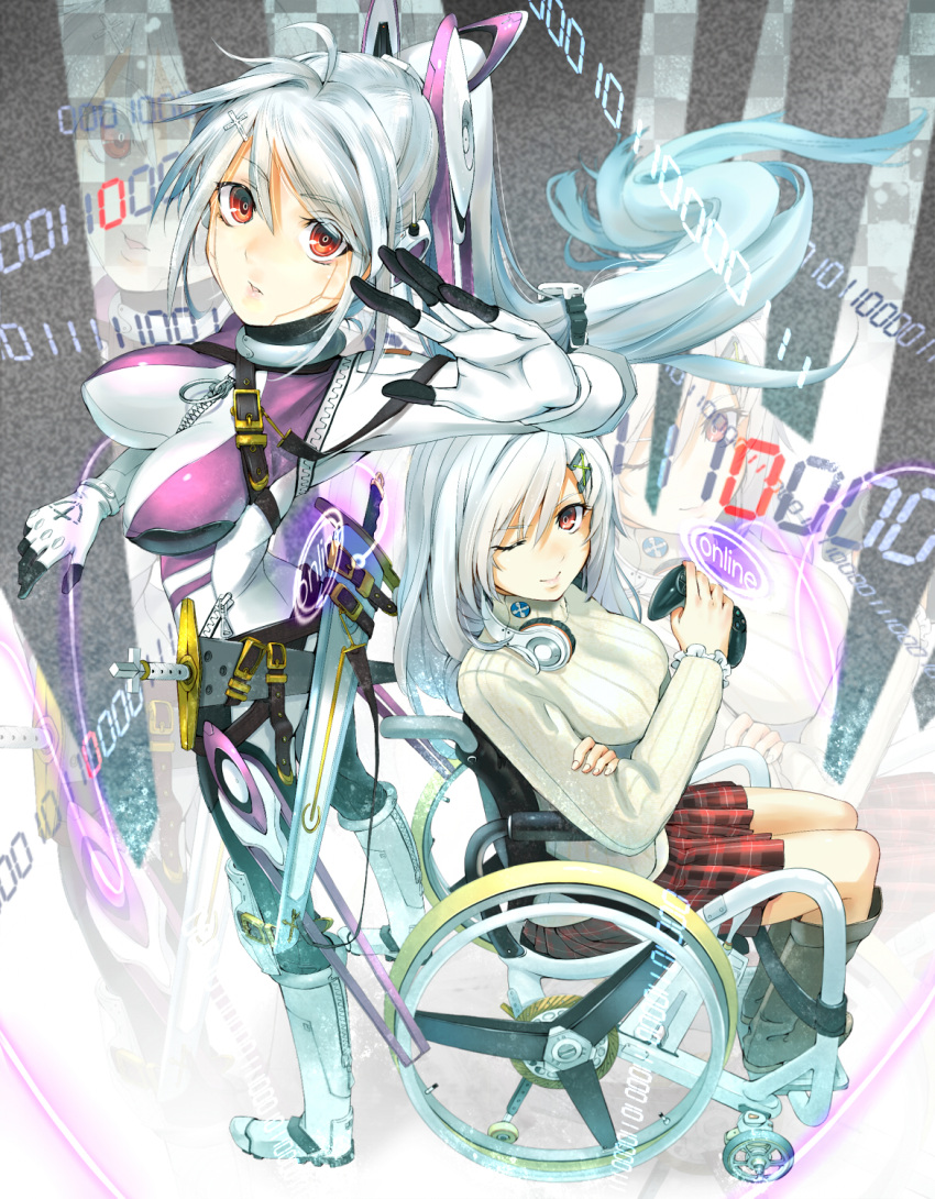 bodysuit boots breasts brown_eyes controller dual_persona game_controller hair_ornament hairclip headphones knee_boots large_breasts long_hair miso_ni original ponytail robot_joints sitting skirt sword weapon wheelchair white_hair wink zipper