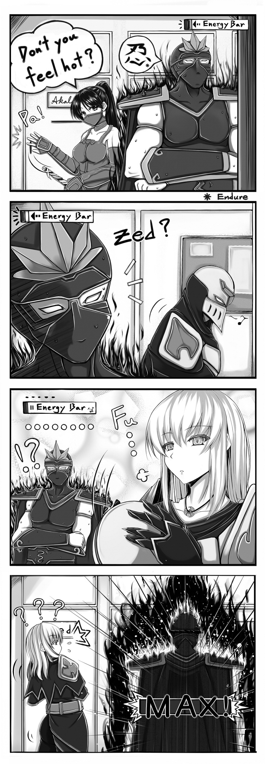 !? 1girl 2boys 4koma ? adapted_costume akali armor ass belt breasts cape character_name collarbone comic english face_mask fingerless_gloves fire forehead_protector gloves headwear_removed helmet helmet_removed league_of_legends long_hair monochrome multiple_boys musical_note ninja pauldrons ponytail shen tsugumi_(artist) vambraces zed_(league_of_legends)