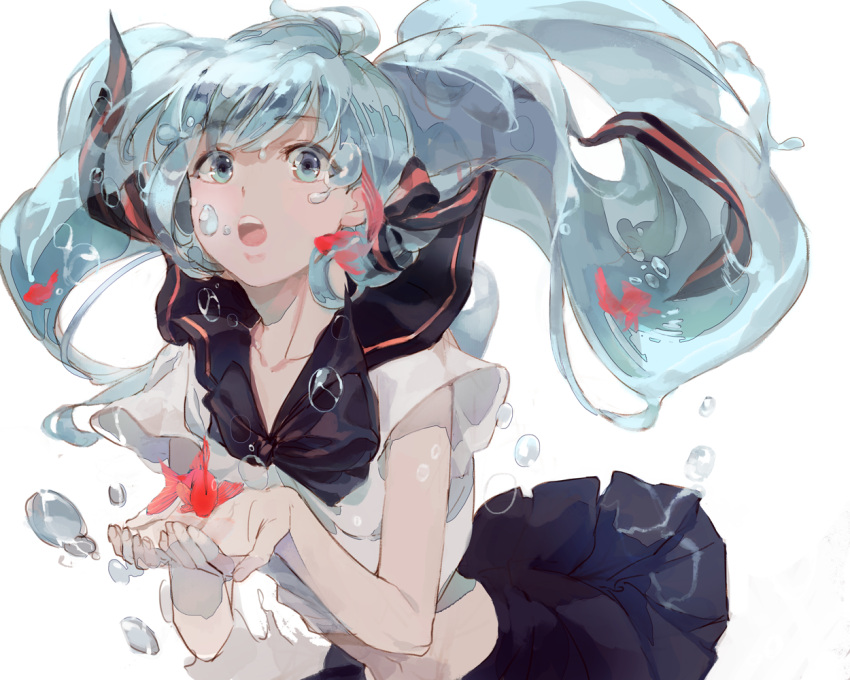 1girl aqua_eyes aqua_hair bottle_miku chacall fish floating_hair hatsune_miku long_hair midriff open_mouth school_uniform serafuku skirt solo twintails vocaloid water