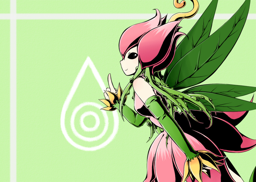 1girl amo_(yellowpink_a) black_eyes digimon digimon_adventure index_finger_raised leaf lillymon profile raised_finger smile solo thorns wings