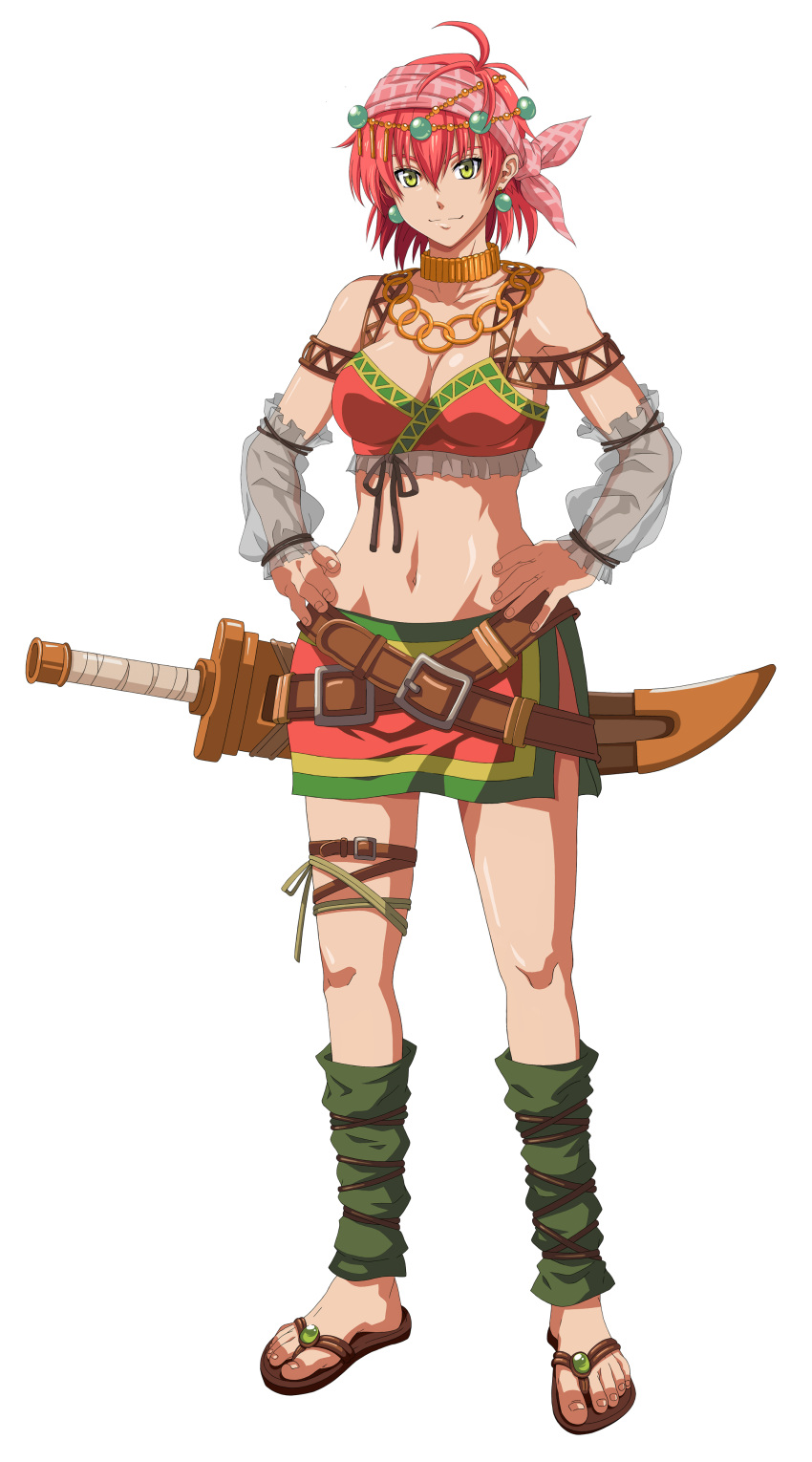 1girl absurdres ankle_wraps bandana belt character_request choker detached_sleeves earrings falcom hair_ornament hands_on_hip highres jewelry midriff miniskirt navel necklace no_socks redhead sandals scimitar short_hair skirt source_request sword weapon yellow_eyes