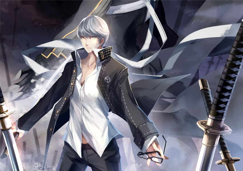 2boys field_of_blades glasses grey_eyes holding holding_glasses izanagi katana looking_at_viewer male multiple_boys narukami_yuu persona persona_4 reverse_grip school_uniform silver_hair skade sky star_(sky) starry_sky sword weapon