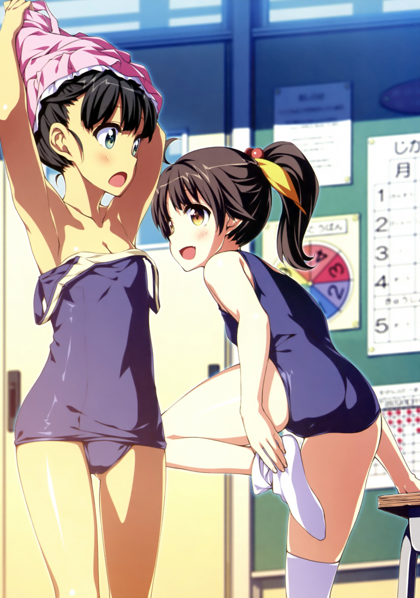 2c=galore 2girls :d :o absurdres ahoge armpits arms_up black_hair breasts brown_hair classroom cleavage dengeki_moeou fang green_eyes hair_bobbles hair_ornament highres leg_lift long_hair multiple_girls off_shoulder open_mouth original ponytail scan school_swimsuit shiny smile swimsuit tan thigh-highs undressing white_legwear
