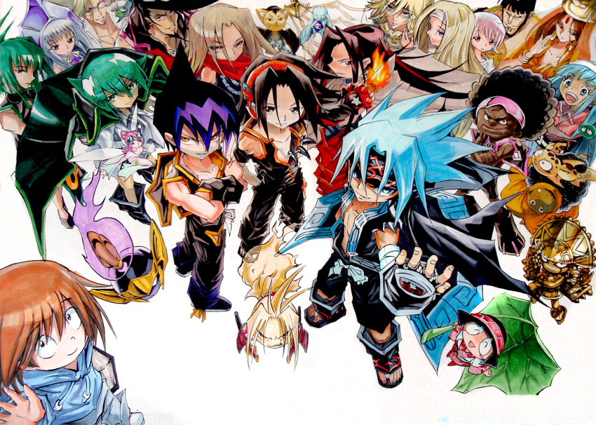 amidamaru asakura_hao asakura_you bandana bason beard black_hair blonde_hair blue_eyes blue_hair book brown_eyes brown_hair china_dress chinese_clothes chocolove dress eliza_(shaman_king) facial_hair glasses gloves green_hair hairband headphones highres iron_maiden_jeanne jewelry johann_faust_viii kororo kyouyama_anna long_hair luchist_lasso lyserg_diethel marco_lasso matamune mic_(shaman_king) morphine necklace ohachiyo opacho oyamada_manta pascal_avaf pink_hair red_eyes sati_saigan shaman_king short_hair silver_hair tamamura_tamao tao_jun tao_ren tokagerou torara_(shaman_king) traditional_media umemiya_ryuunosuke usui_horokeu usui_no_ken usui_pirika very_long_hair