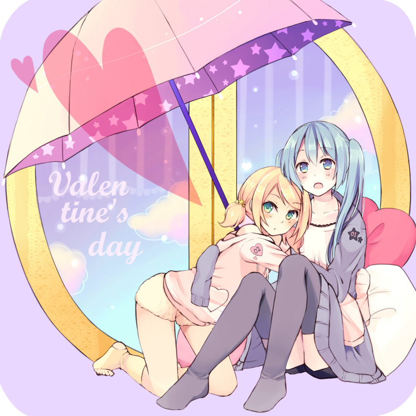 2girls aqua_eyes aqua_hair blonde_hair cushion green_eyes hatsune_miku heart highres hug kagamine_rin kneeling multiple_girls open_mouth short_hair sitting socks star thigh-highs twintails umbrella vocaloid wadaka