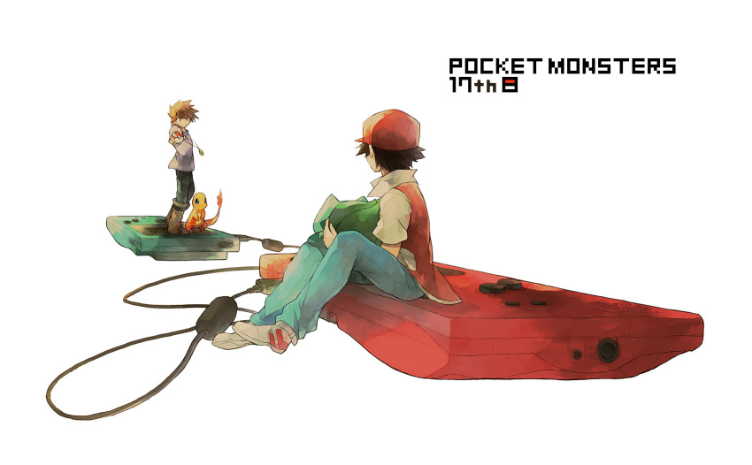 2boys baseball_cap black_hair brown_hair bulbasaur charmander game_boy hana_(mew) hat highres holding holding_poke_ball jacket jewelry link_cable multiple_boys necklace ookido_green ookido_green_(classic) poke_ball pokemon pokemon_(game) pokemon_rgby red_(pokemon) red_(pokemon)_(classic) short_hair sitting title_drop