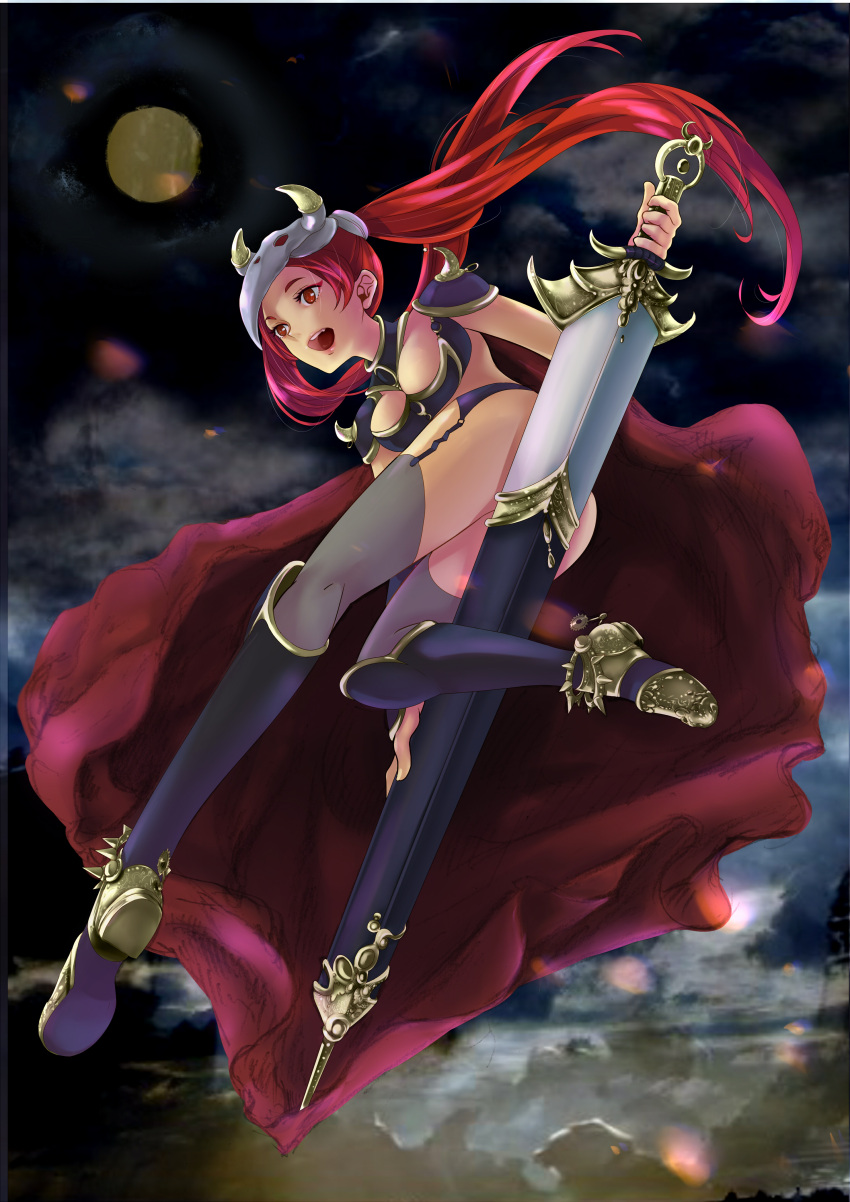 1girl :d absurdres armor cape eyeshadow full_body garterstrap graphite_(medium) highres horns long_hair makeup open_mouth original pig0519 purple_legwear red_eyes redhead smile sword thigh-highs traditional_media twintails weapon