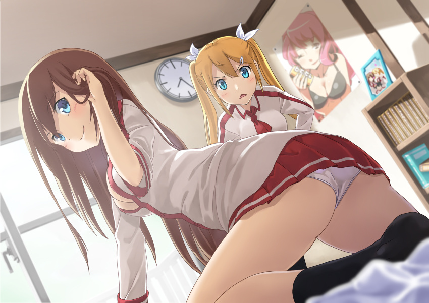 2girls adjusting_hair ass bed blonde_hair blue_eyes blurry breasts brown_hair cleavage clock depth_of_field dutch_angle hair_ornament hair_ribbon hairclip highres long_hair original panties photo_(object) poster_(object) ribbon school_uniform skirt tokumaro twintails underwear white_panties