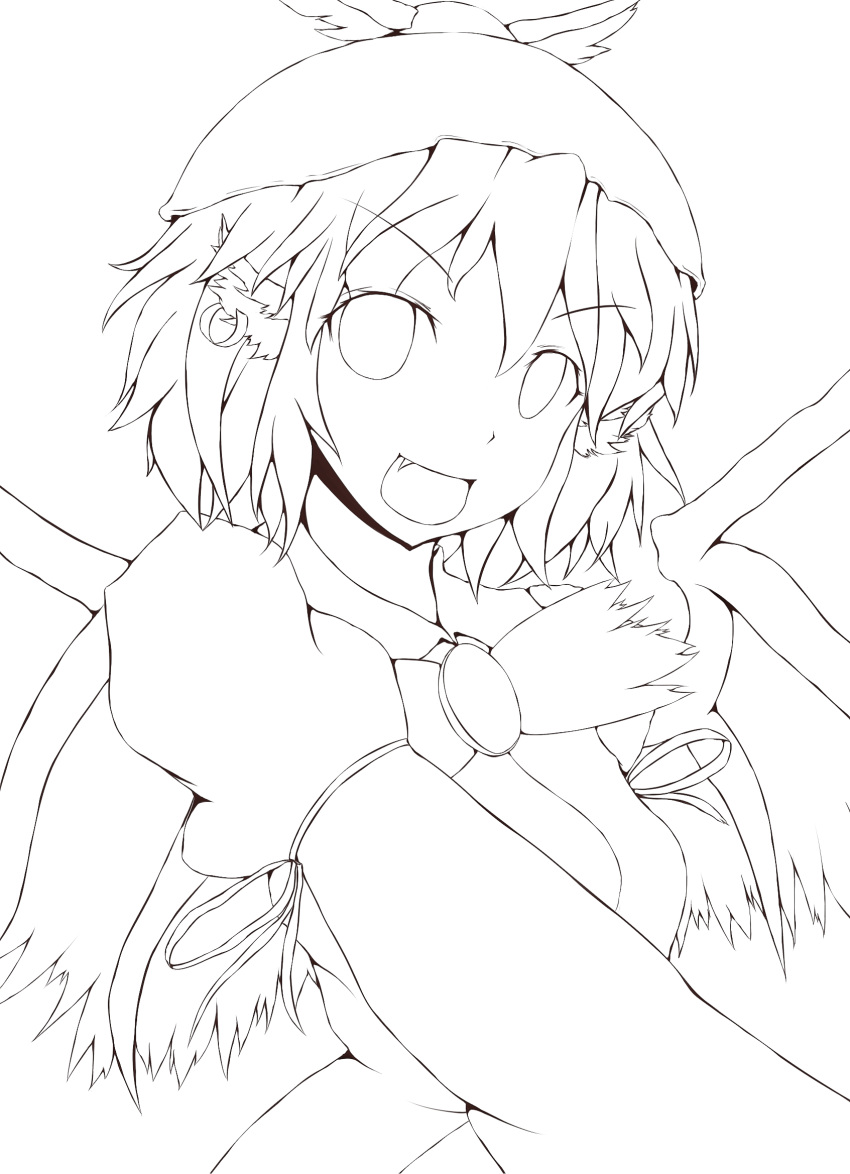 1girl animal_ears highres krace lineart monochrome mystia_lorelei open_mouth smile solo touhou transparent_background wings