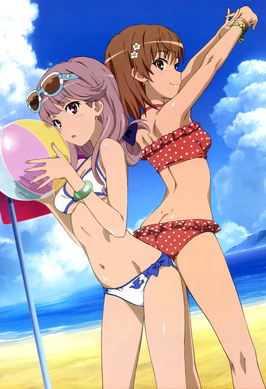 2girls :o absurdres ass ass-to-ass back-to-back ball beach beachball bikini brown_eyes brown_hair clouds dimples_of_venus highres legs long_hair meigo_arisa misaka_mikoto multiple_girls nyantype ocean official_art parasol pink_hair polka_dot polka_dot_bikini polka_dot_swimsuit short_hair sky smile stretch sunglasses swimsuit to_aru_majutsu_no_index to_aru_majutsu_no_index_movie umbrella violet_eyes water