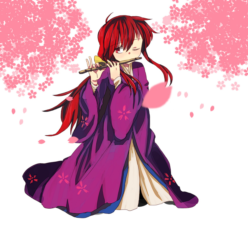 1girl bad_id cherry_blossoms flute hachi_(8bit_canvas) instrument japanese_clothes kimono kotohime long_hair red_eyes redhead solo touhou touhou_(pc-98) wide_sleeves wink