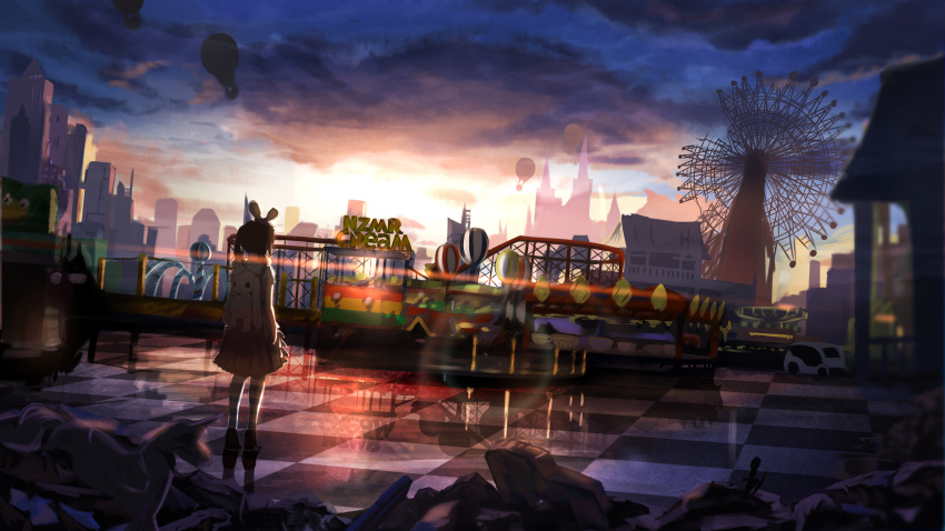 1girl absurdres amusement_park animal_backpack animal_ears backpack bag brown_hair checkered checkered_floor city ferris_wheel highres hot_air_balloon original rabbit_ears red_flowers rubble solo striped striped_legwear twilight twintails