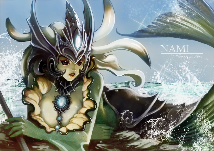 1girl artist_name breasts center_opening character_name helmet jewelry league_of_legends lips lying mermaid monster_girl nami_(league_of_legends) necklace red_eyes scales solo staff tail tienao water wet
