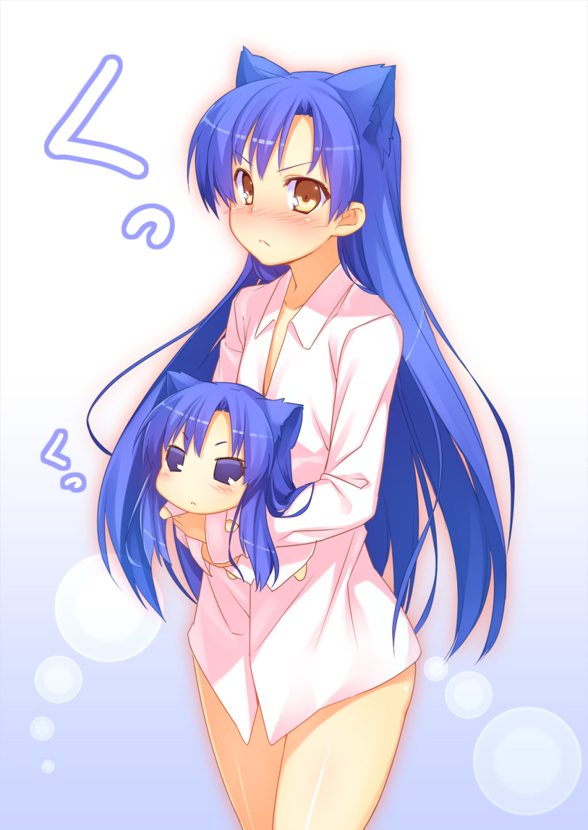 animal_ears blue_hair blush bottomless cat_ears chibi chihyaa highres idolmaster kemonomimi_mode kisaragi_chihaya long_hair puchimasu! racer_(magnet) violet_eyes yellow_eyes