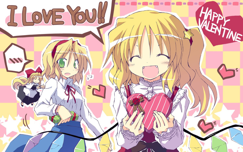 2girls ^_^ alice_margatroid blonde_hair blush bow box checkered checkered_background closed_eyes doll dress fangs flandre_scarlet flower gift gift_box green_eyes hair_bow hairband heart highres laces multiple_girls open_mouth pushing rose satoukibi shanghai_doll short_hair skirt smile string_bowtie touhou valentine wings