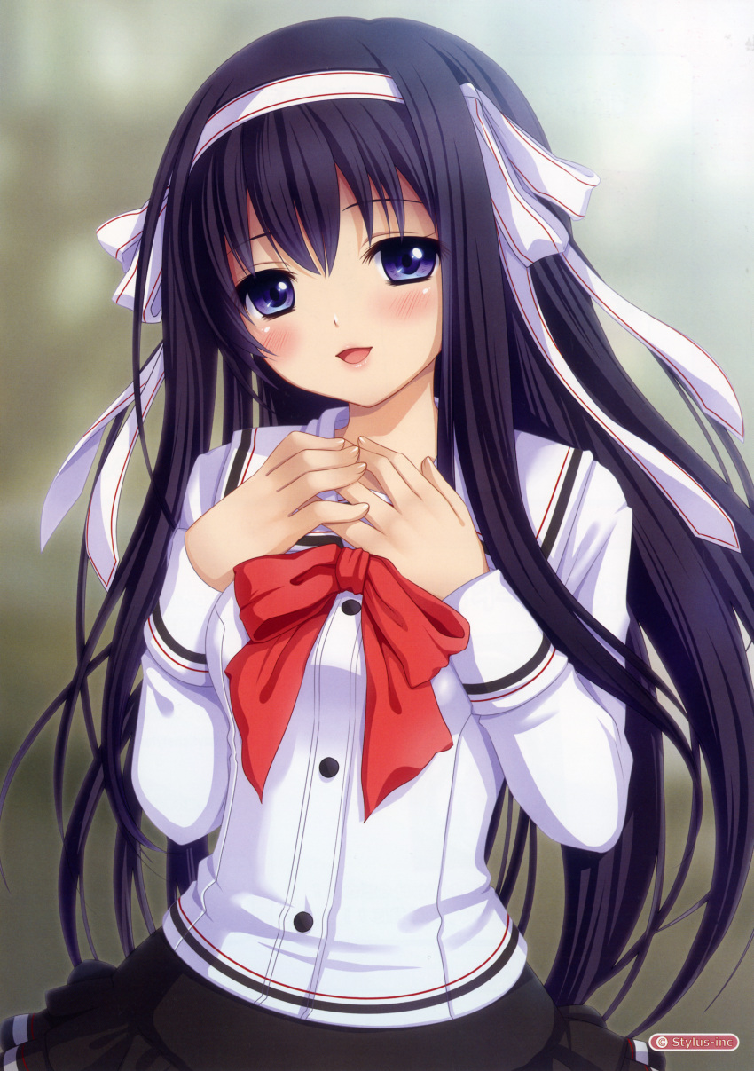 1girl :d absurdres artist_request black_hair hands_on_own_chest highres huge_filesize long_hair open_mouth school_uniform smile tagme tamanin violet_eyes