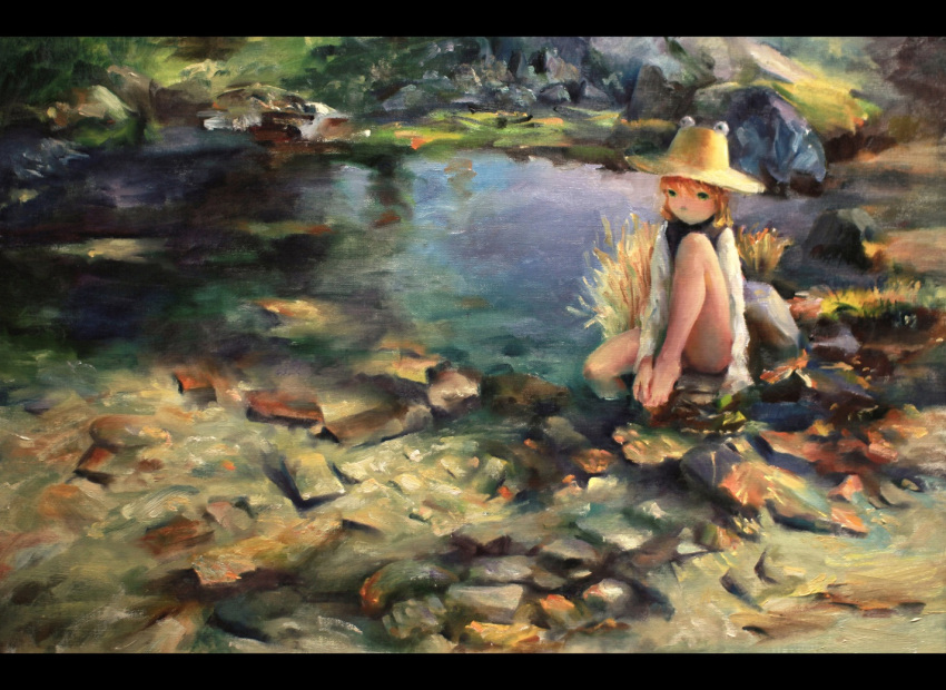 1girl barefoot blonde_hair bovod feet_in_water grass hat holding_own_foot knees_up letterboxed long_sleeves moriya_suwako oil_painting_(medium) pond rock short_hair sitting soaking_feet solo touhou traditional_media vest water yellow_eyes