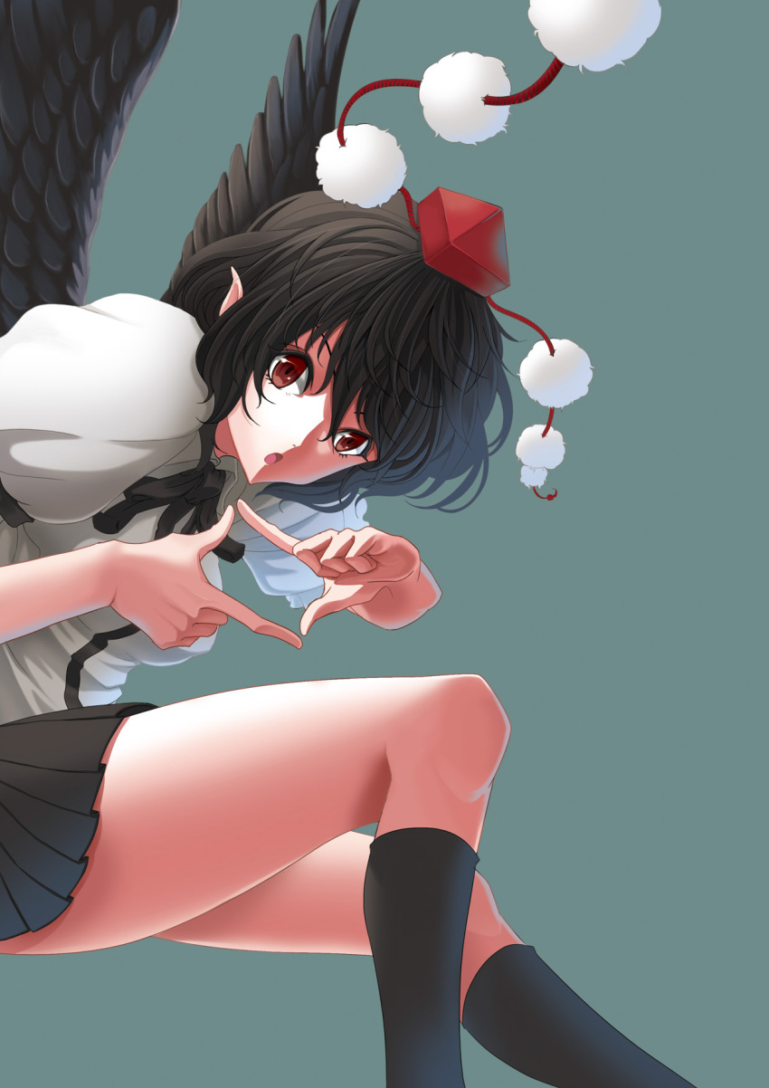 1girl black_legwear blouse hat highres legs miniskirt out_of_frame pointy_ears rapuka shameimaru_aya short_hair simple_background skirt solo thighs tokin_hat touhou wings