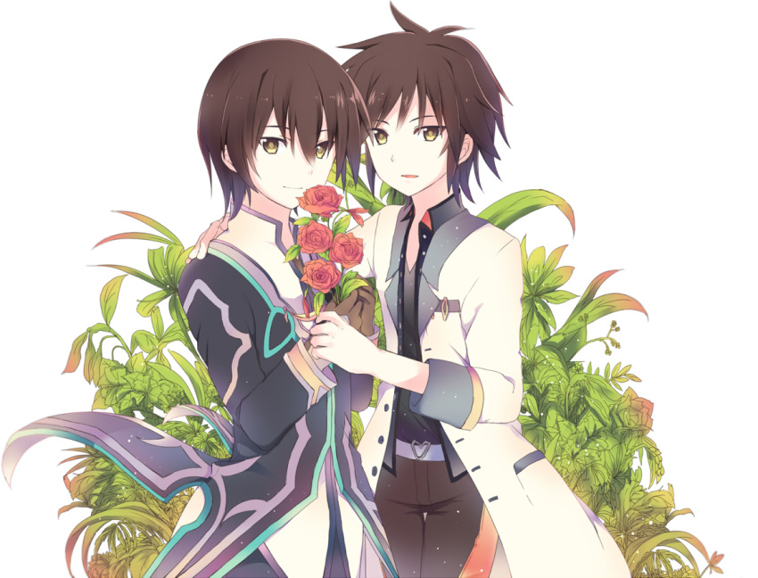 2boys black_hair coat dual_persona flower gloves hand_on_another's_shoulder jude_mathis male multiple_boys pants red_rose rento_(rukeai) rose smile tales_of_(series) tales_of_xillia tales_of_xillia_2 yellow_eyes