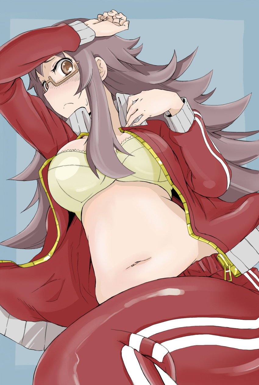 belly blush bra breasts brown_eyes brown_hair glasses highres honky large_breasts long_hair lying messy_hair navel open_clothes open_jacket track_jacket track_pants underwear yonezawa_natsumi yuusha_to_maou