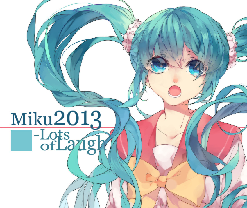 1girl 2013 blue_eyes character_name dj.adonis green_hair hatsune_miku highres long_hair lots_of_laugh_(vocaloid) open_mouth sailor_collar scrunchie simple_background solo title_drop twintails vocaloid white_background