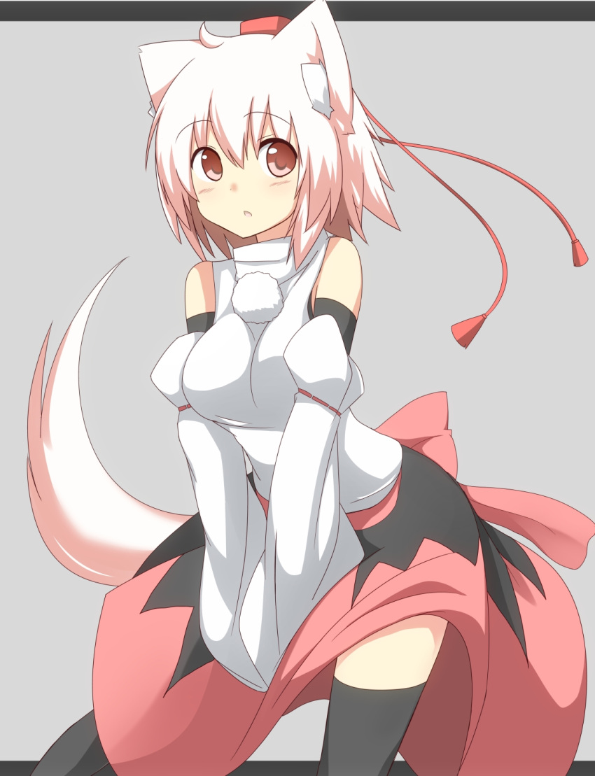 1girl animal_ears black_legwear breasts detached_sleeves hat hat_ribbon highres inubashiri_momiji large_breasts letterboxed long_sleeves looking_at_viewer mii open_mouth pink_eyes ribbon shirt short_hair silver_hair skirt solo tail thigh-highs tokin_hat touhou v_arms wide_sleeves wolf_ears wolf_tail zettai_ryouiki