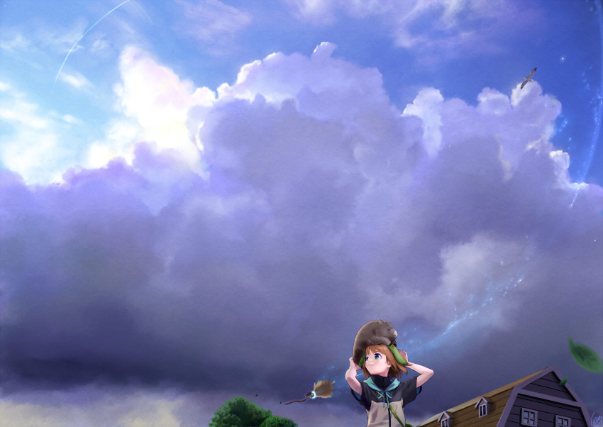 1girl animal_ears broom brown_hair building clouds cojibou green_eyes highres house leaf original short_hair sky smile solo storm_cloud