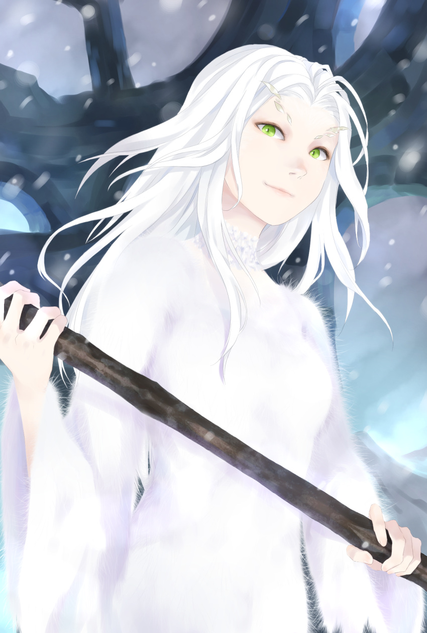 1girl dark_souls fur green_eyes highres long_hair okitsune_(okitsune-sama) priscilla_the_crossbreed robe smile snow solo white_hair