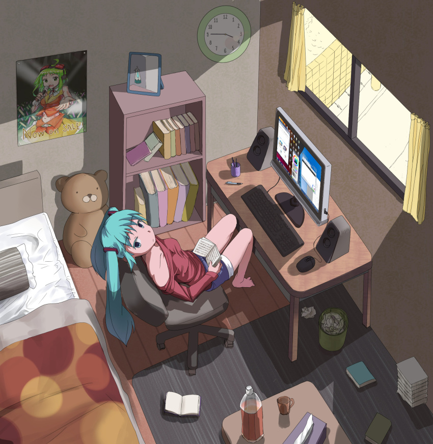1girl 39 aqua_eyes aqua_hair bed bedroom blanket book bookshelf chair clock computer_keyboard computer_mouse from_above gumi hatsune_miku highres long_hair mirror monitor office_chair pillow poster_(object) shorts sitting solo speaker stuffed_animal stuffed_toy tissue_box trash trash_can twintails vocaloid window