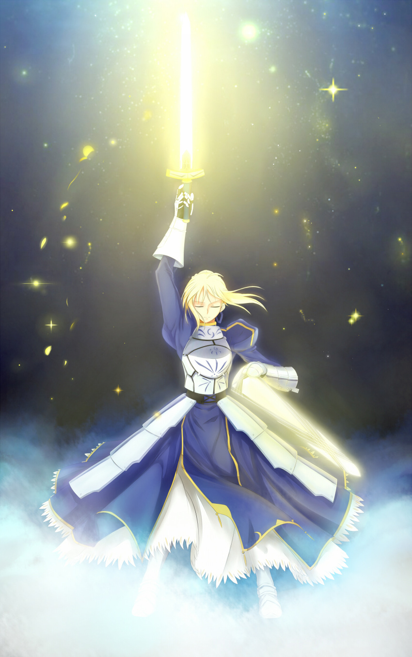 1girl ahoge armor armored_dress avalon_(fate/stay_night) blonde_hair dress excalibur fate/zero fate_(series) faulds gauntlets glowing glowing_sword glowing_weapon highres q_q_958023 saber solo sword weapon