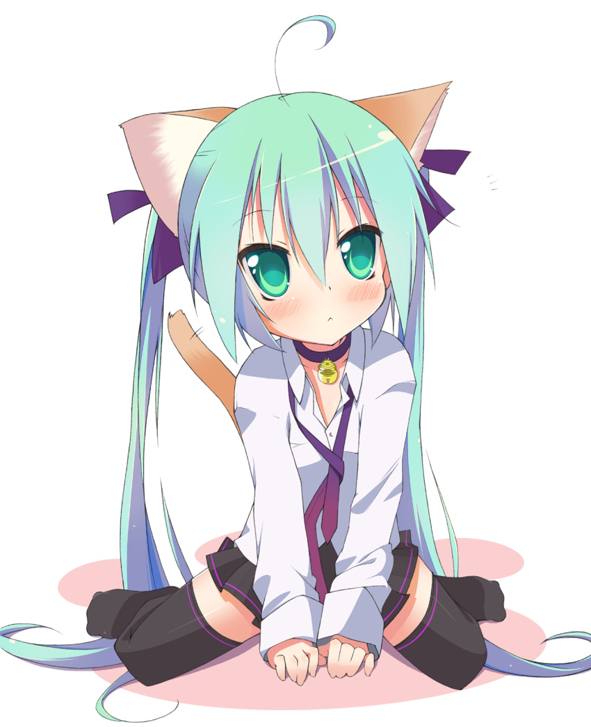 1girl :&lt; ahoge animal_ears bell bell_collar cat_ears cat_tail collar green_eyes green_hair hatsune_miku highres jingle_bell long_hair necktie simple_background sitting skirt solo tail thigh-highs torinannkotsukushi twintails very_long_hair vocaloid wariza white_background