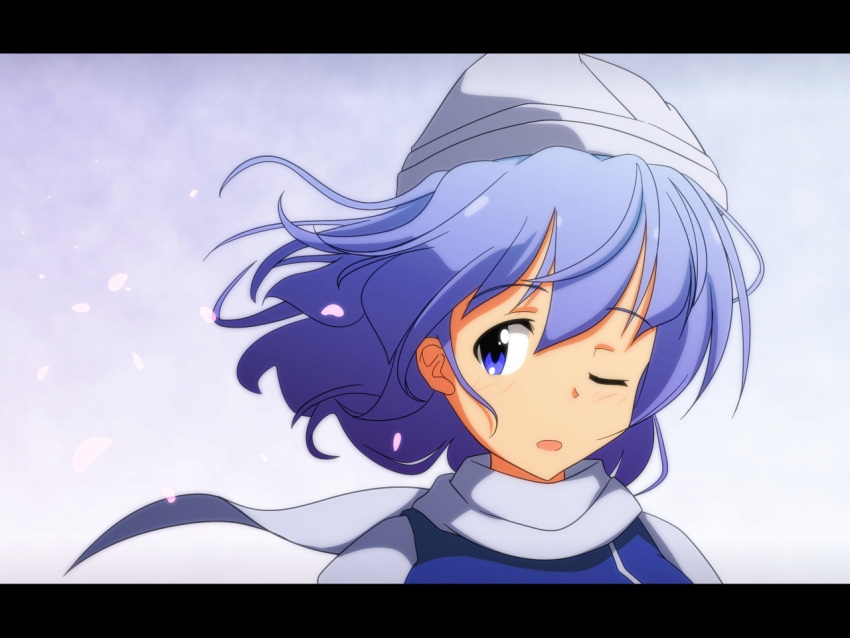 1girl blue_eyes blue_hair cato_(monocatienus) cherry_blossoms hat letterboxed letty_whiterock open_mouth perfect_cherry_blossom petals scarf solo touhou wind wink