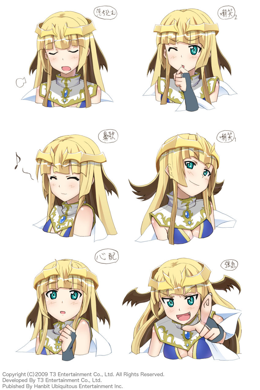 6+girls :3 arksign blush breasts bridal_gauntlets character_sheet cleavage closed_eyes expressions fang happy head_tilt highres kimura_tatsukiyui_(arksign) long_hair multiple_girls musical_note open_mouth pointing pointing_at_viewer scared shawl sigh smug tiara wink