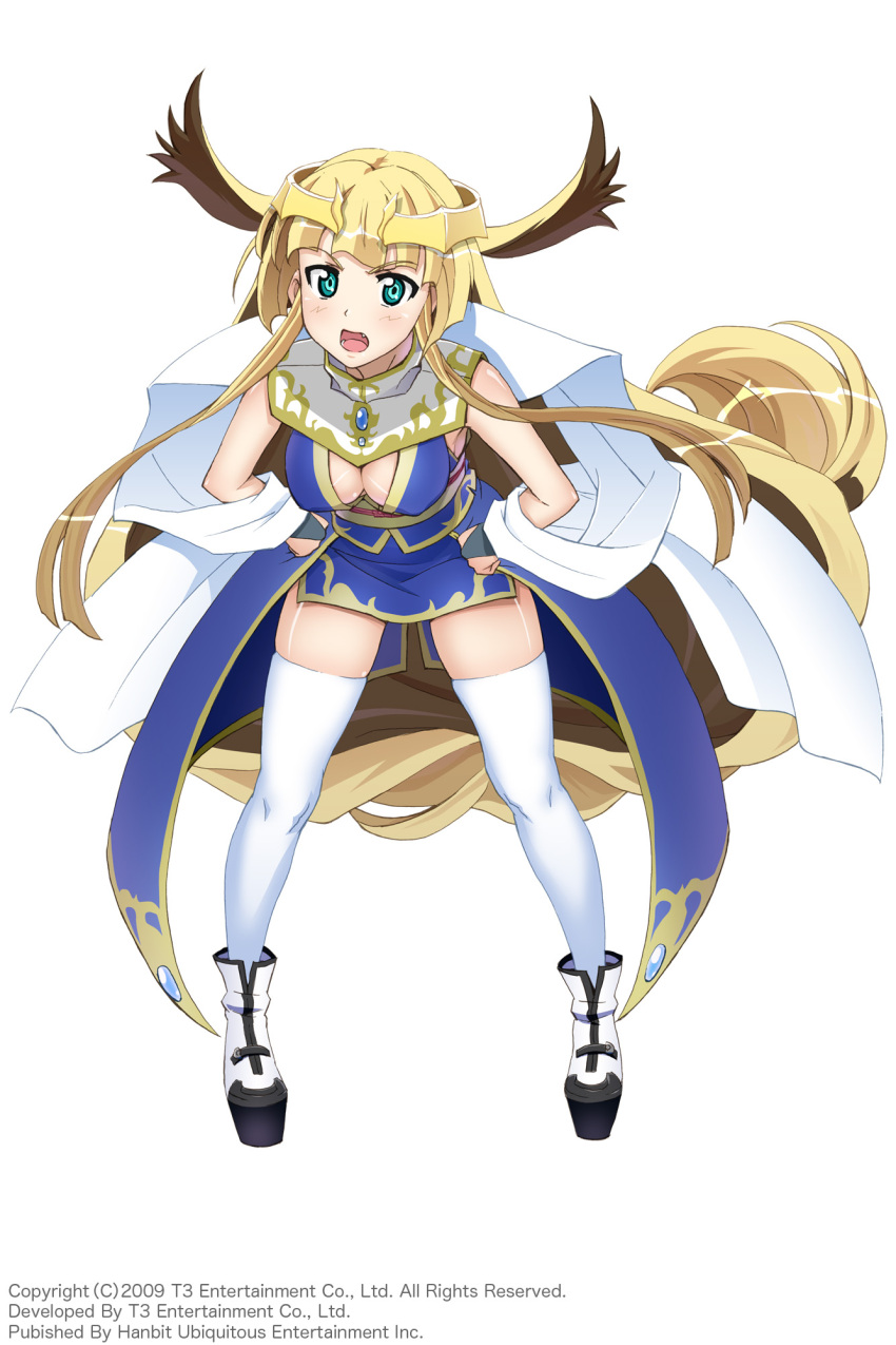 1girl absurdly_long_hair angry arksign blonde_hair blue_eyes breasts bridal_gauntlets cleavage fang hands_on_hips highres kimura_tatsuki leaning_forward obi official_art open_mouth platform_footwear shawl simple_background skindentation solo thigh-highs tiara white_legwear yui_(arksign)