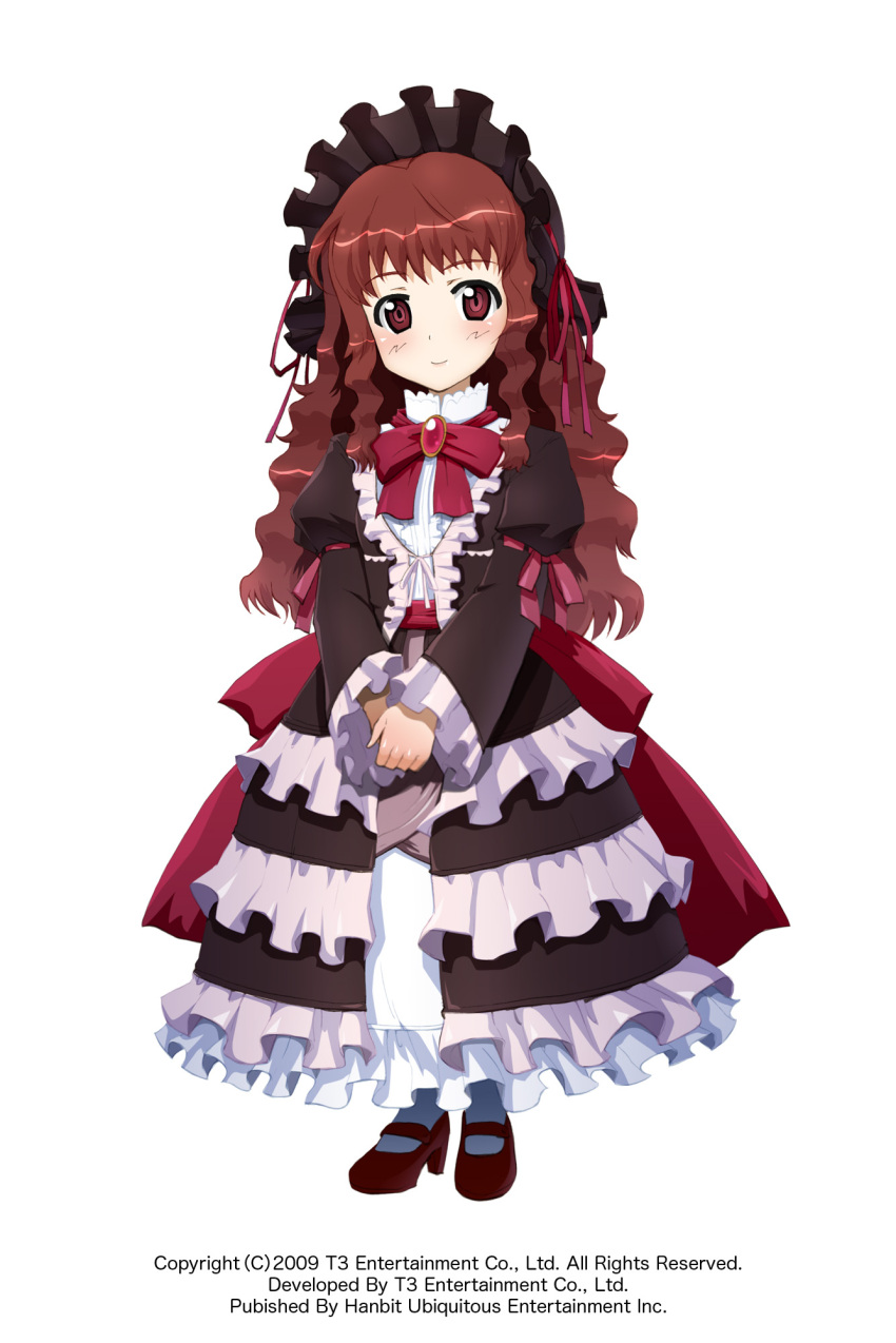 1girl arksign azuki_(arksign) bow brooch brown_eyes brown_hair dress frills gothic_lolita hands_together high_heels highres jewelry kimura_tatsuki lolita_fashion lolita_hairband long_hair official_art ribbon shoes simple_background smile solo wavy_hair white_background