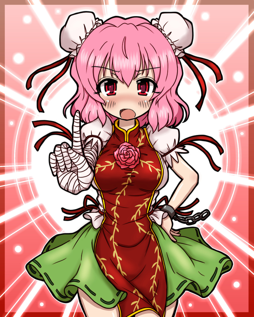 1girl bandages border breasts chain cuffs double_bun eruru_(erl) fang flower hand_on_hip high_collar highres ibaraki_kasen light light_particles looking_at_viewer manacles open_mouth outstretched_arm pink_background pink_hair puffy_short_sleeves puffy_sleeves raised_finger red_eyes rose short_hair short_sleeves skirt solo tabard touhou