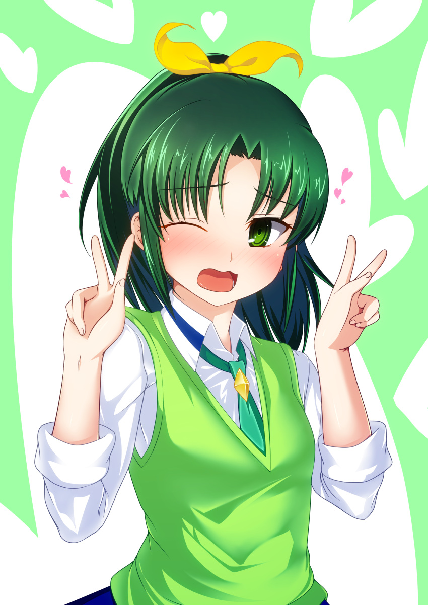 1girl blush double_v green_eyes green_hair hair_ribbon heart long_hair midorikawa_nao necktie open_mouth ponytail precure ribbon school_uniform sleeves_rolled_up smile_precure! solo urepito_honke v vest wince