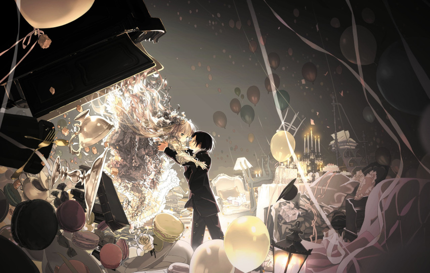 1boy 1girl balloon black_hair blonde_hair book catching chair cup cupboard dress floating_object flower fork formal frilled_dress frills gift gosick hair_ornament hat highres kujou_kazuya lantern long_hair open_book pillow plate rose spoon stairs suit sweets takeda_hinata teacup very_long_hair victorica_de_blois white_rose