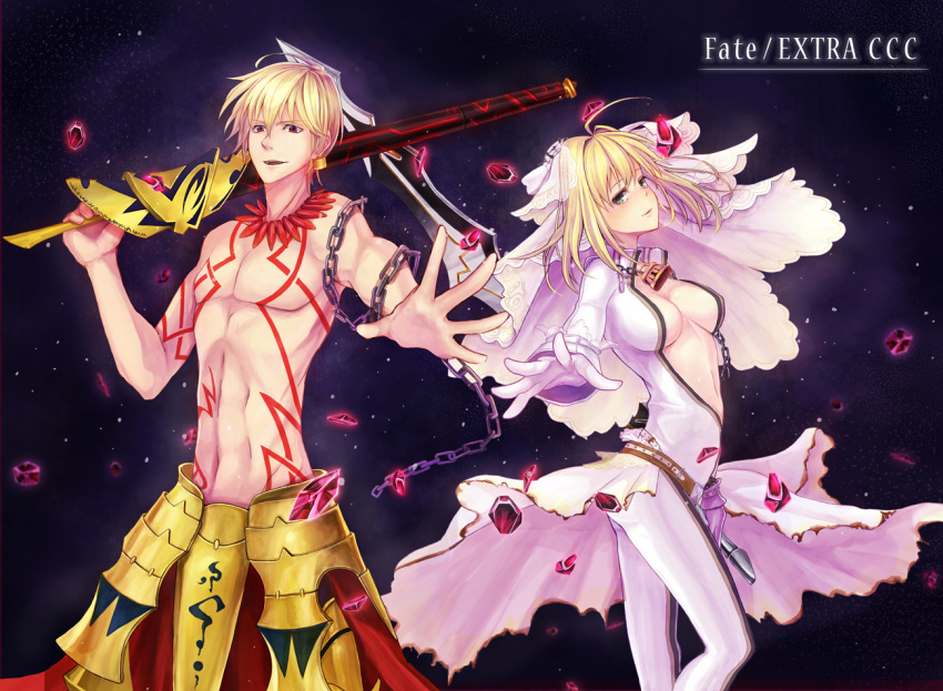 1boy 1girl aestus_estus ahoge armor asarihamaguri blonde_hair bodysuit breasts center_opening chain cleavage ea_(fate/stay_night) earrings fate/extra_ccc fate_(series) gilgamesh gloves green_eyes jewelry lock padlock red_eyes ruby saber_bride saber_extra shirtless sword title_drop veil weapon
