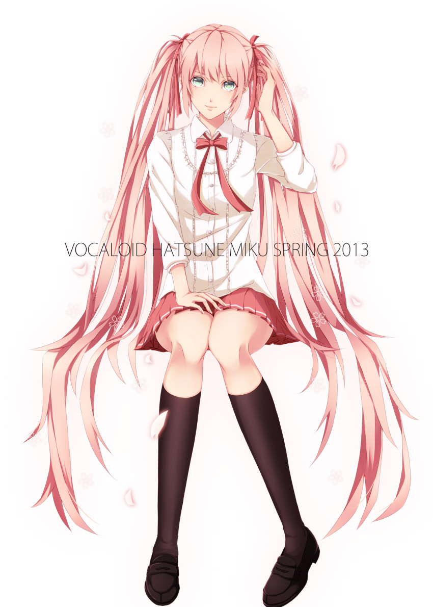 1girl 2013 bowtie character_name green_eyes hair_ribbon hatsune_miku highres kneehighs loafers long_hair petals pink_hair ribbon sawao_(kenban2) shoes simple_background sitting skirt solo twintails very_long_hair vocaloid white_background