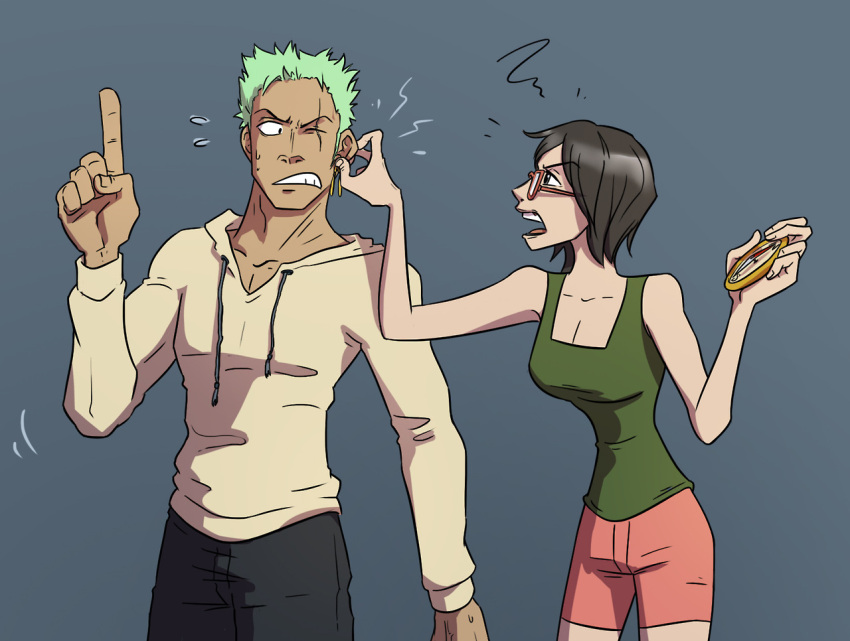 1boy 1girl annoyed black_eyes black_hair clenched_teeth collarbone ear_pull earrings flying_sweatdrops glasses green_hair hoodie index_finger_raised jewelry one_piece open_mouth pocket_watch raised_finger roronoa_zoro scar shorts simple_background tan tank_top tashigi watch