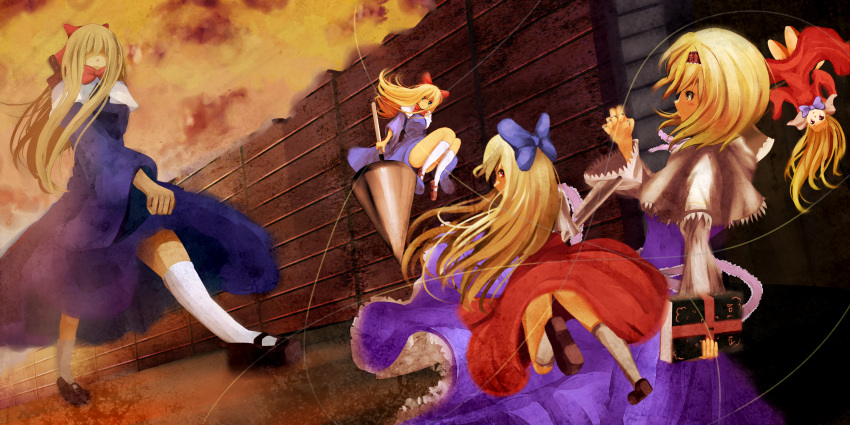 1girl alice_margatroid blonde_hair blue_dress blue_eyes book bow capelet dress goliath_doll hair_bow headband highres hinauri_(nurupon) hourai_doll jewelry kneehighs lance long_hair mary_janes polearm puppet_strings ring shanghai_doll shoes short_hair solo touhou upside-down weapon